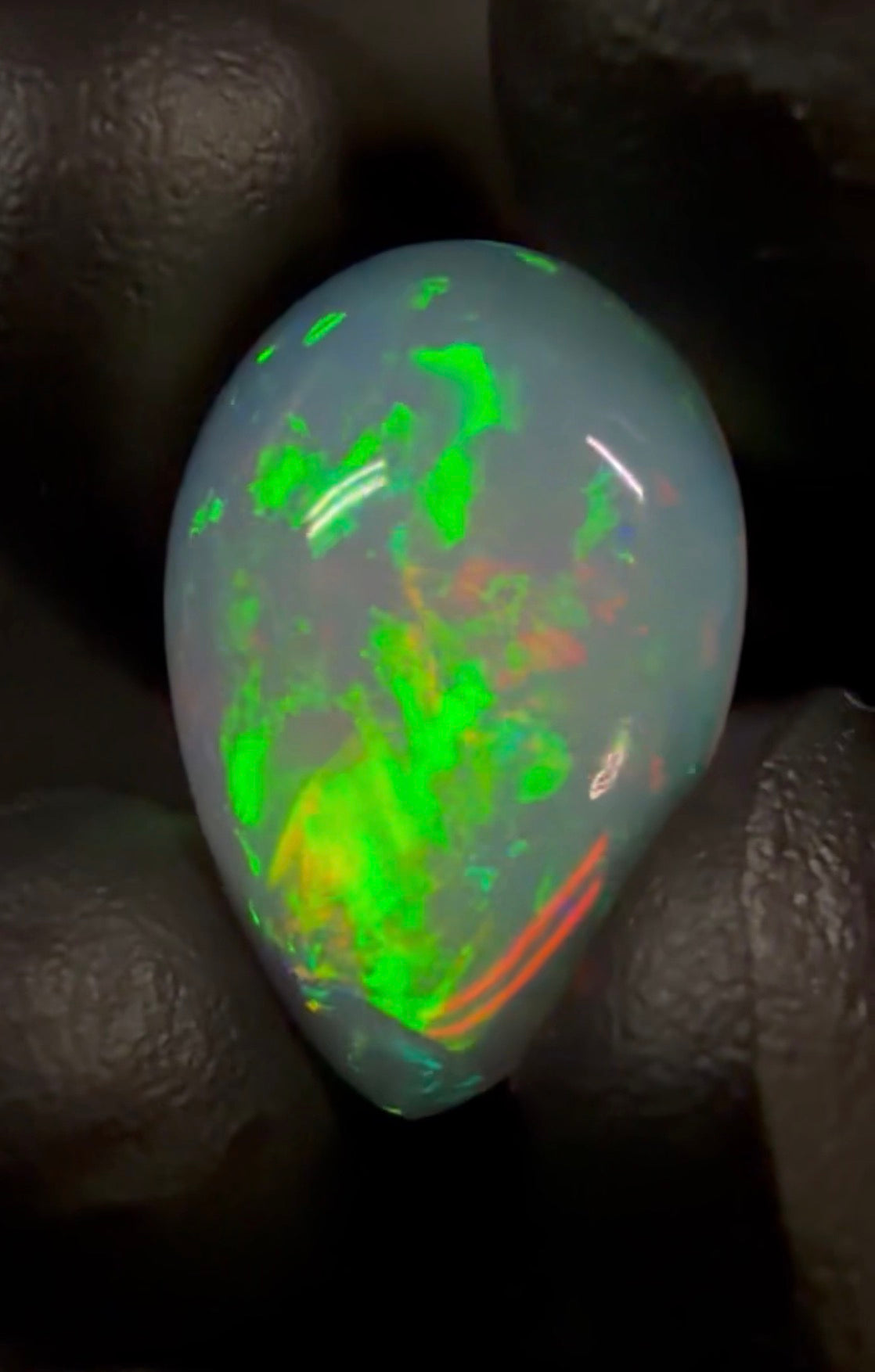 Natural Ethiopian Welo Opal 13.10 ct | 22.5 x 15.3 x 7.8 mm Pear Cabochon | Green, Orange & Red Fire